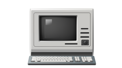 Vintage computer system with monitor and keyboard in a simple style isolated on transparent background	