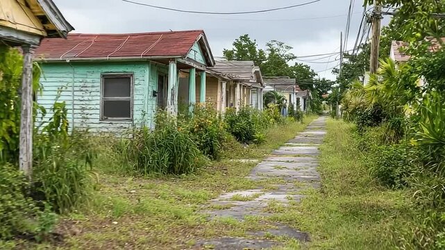 Row of houses with a path in between. The houses are old and run down. The path is made of concrete