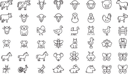 Farm animals line icon set. Vector pictograms of domestic goose, turkey, chick, duckling, duck, sheep, horse, pig, donkey, ox,