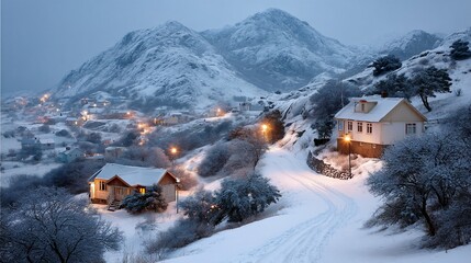 Snowy village nestled within rugged mountains