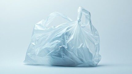 Obraz premium A crumpled plastic shopping bag on a light blue background.