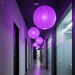 Illuminated Purple Spheres Hanging in Modern Corridor
