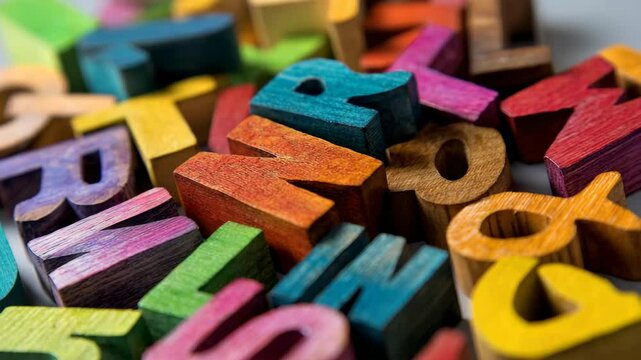 Close-up of colorful wooden alphabet blocks piled together for education or childhood learning concept, vibrant color letters, ABCs