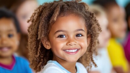 Smiling girl portrait happy child with curly hair