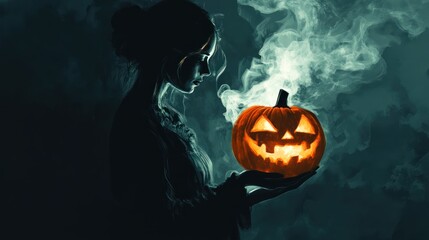 Naklejka premium Woman in darkness holding a glowing Halloween pumpkin with smoke.