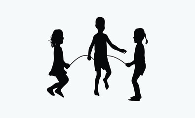 Children skipping rope silhouette, kids playing silhouette, jump rope fun scene, playful children black icon, outdoor kids activity silhouette