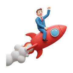 Cartoon Businessman Riding Red Rocket for Success Concept in Startup Metaphor