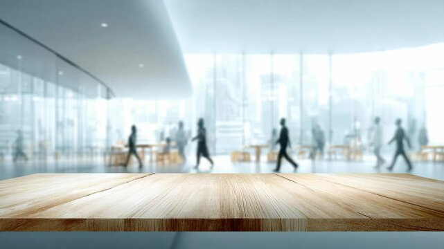 Wooden tabletop surface with blurred office interior and people walking by in background for product display and advertising templates.