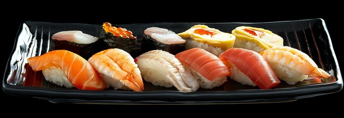 Delicious sushi platter featuring a variety of fresh and colorful sushi pieces on a black plate.