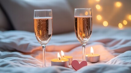 Romantic bedroom scene with champagne flutes, candles, and heart.