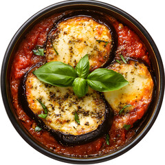 eggplant parmigiana with mozzarella and tomato sauce, transparent background