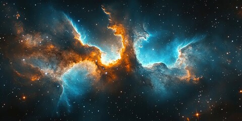 Fototapeta premium Nebula in Deep Space with Stars, Light Blue and Orange Galaxy, Celestial Abstract