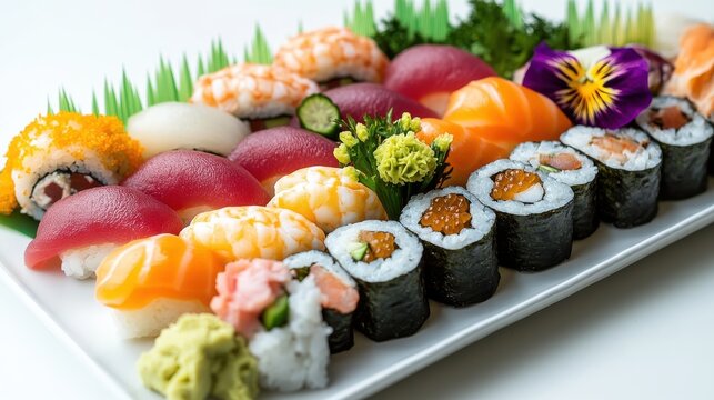 Colorful platter of assorted fresh sushi, sashimi, and maki rolls