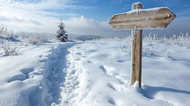 Snowy trail with a sign pointing the way