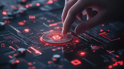 Digital coin on futuristic circuit board technology and finance concept