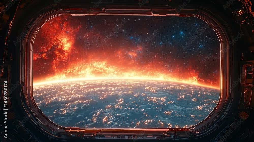 Sticker view of a planet from inside a spaceship. the planet is orange and surrounded by a ring of fire