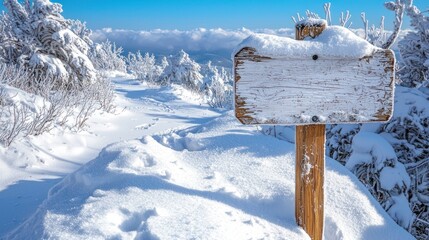 Naklejka premium Snowy trail with blank wooden sign, blue sky above