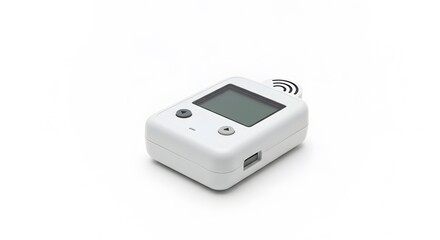 Fototapeta premium Wireless Digital Thermometer: A compact, wireless digital thermometer rests on a white surface, showcasing its clear digital display and convenient size for easy temperature monitoring. 