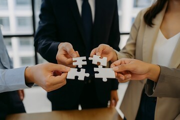 Business Team Connecting Puzzle Pieces Together, Symbol of Collaboration, Strategy, and Corporate Problem Solving