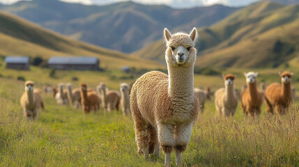 Fototapeta premium Many alpacas grazing peacefully in a meadow near a rustic farm fence against a backdrop of rolling hills