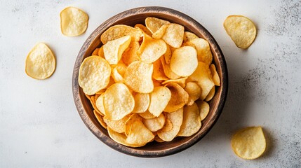 Rustic wooden bowl brimming with golden crispy potato chips overhead view
