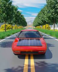 A silver sedan with solar panels on the roof drives along a sunny, winding green-lined road under a clear sky.