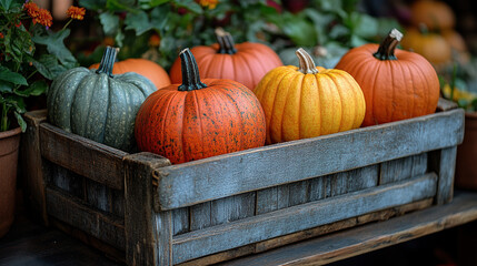 A wooden crate filled with six pumpkins of various sizes and colors