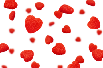 Falling Gummy candy heart, isolated on white background, selective focus