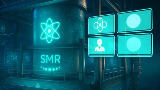 Futuristic Nuclear Reactor with SMR Label and Digital Atomic Icons Representing Smart Energy Technology and Power Generation

