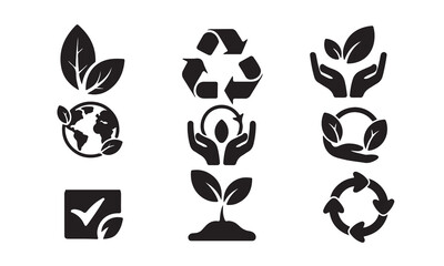 Collection of Eco-Friendly Icons for Sustainable Practices on white