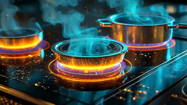 Pots on a modern induction cooktop emitting steam, showcasing a vibrant cooking scene with glowing elements