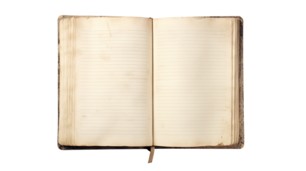 Open aged book with lined pages displayed isolated on transparent background	