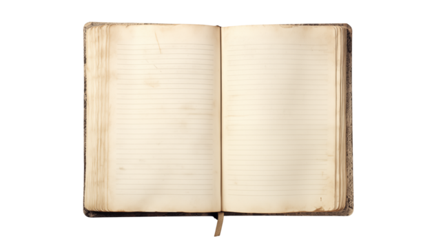 Open aged book with lined pages displayed isolated on transparent background	
