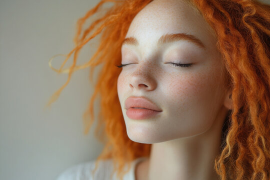 Unique beauty of an African-American girl with albino features and vibrant dreadlocks against a minimalist white backdrop