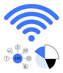 Wireless signal with ERP diagram linking modules thumbs up analytics, finances, and tools, and a pie chart highlighting data breakdown. Ideal for business management, connectivity, productivity