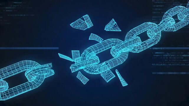 Futuristic wireframe model of a broken chain with random numbers, abstract tech background, concept of blockchain hacking or cryptocurrency drop in value cinematic lighting 4k video