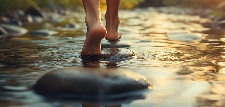 Bare feet walking on river stones, creating ripples in the tranquil water. The serene setting is illuminated by soft sunset light, enhancing the peaceful atmosphere. Image made using Generative AI.