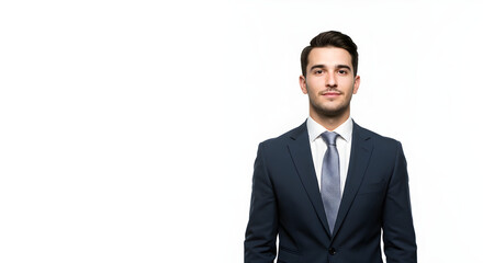 A confident businessman in a sharp suit and tie, standing against a clean white background, exuding professionalism and success.