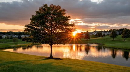 Obraz premium Sunset behind tree on lake