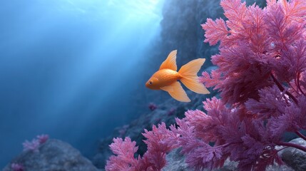 Golden fish swims through underwater coral garden. Sunlight streams through the water
