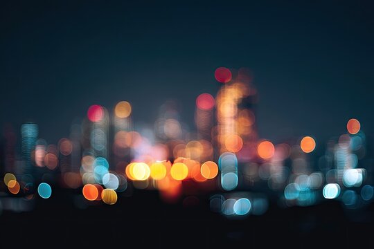 Blurred cityscape at night, vibrant bokeh lights.  Night view of city lights, various colors of light blending together, creating abstract visual of urban skyline