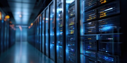 Fototapeta premium Modern server racks with glowing indicator lights in a blue-lit secure data center hallway, ideal for technology, IT, and cybersecurity concepts