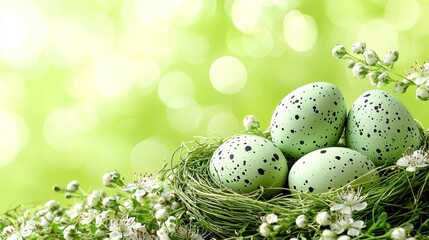 Speckled eggs in nest on bright green background