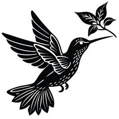 Obraz premium Black and White Hummingbird Silhouette with Leaf Branch, Vector Art, Elegant Design
