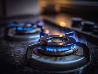 Close up of a lit gas stove burner with blue flames on a dark granite countertop in a kitchen creating a warm and inviting atmosphere with a shallow depth of field