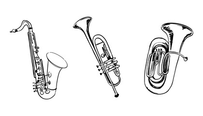 gold saxophone Musical Instruments Wind Instruments Sketch line art  on transparent background © 7nov.studio