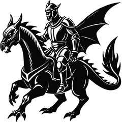 Obraz premium Knight in Armor Riding a Dragon Horse Silhouette Vector Illustration