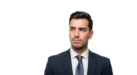 A young businessman in a suit and tie, looking off to the side with a thoughtful expression.