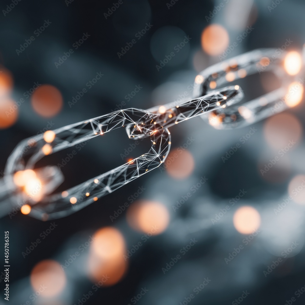 Poster digital chain link illustration against dark background symbolizing blockchain technology and secure