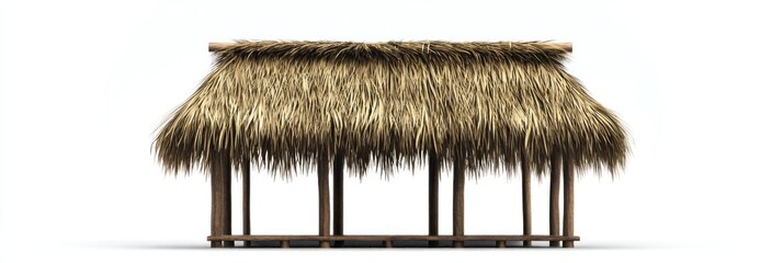 Rustic thatched hut structure with natural materials on a white backdrop